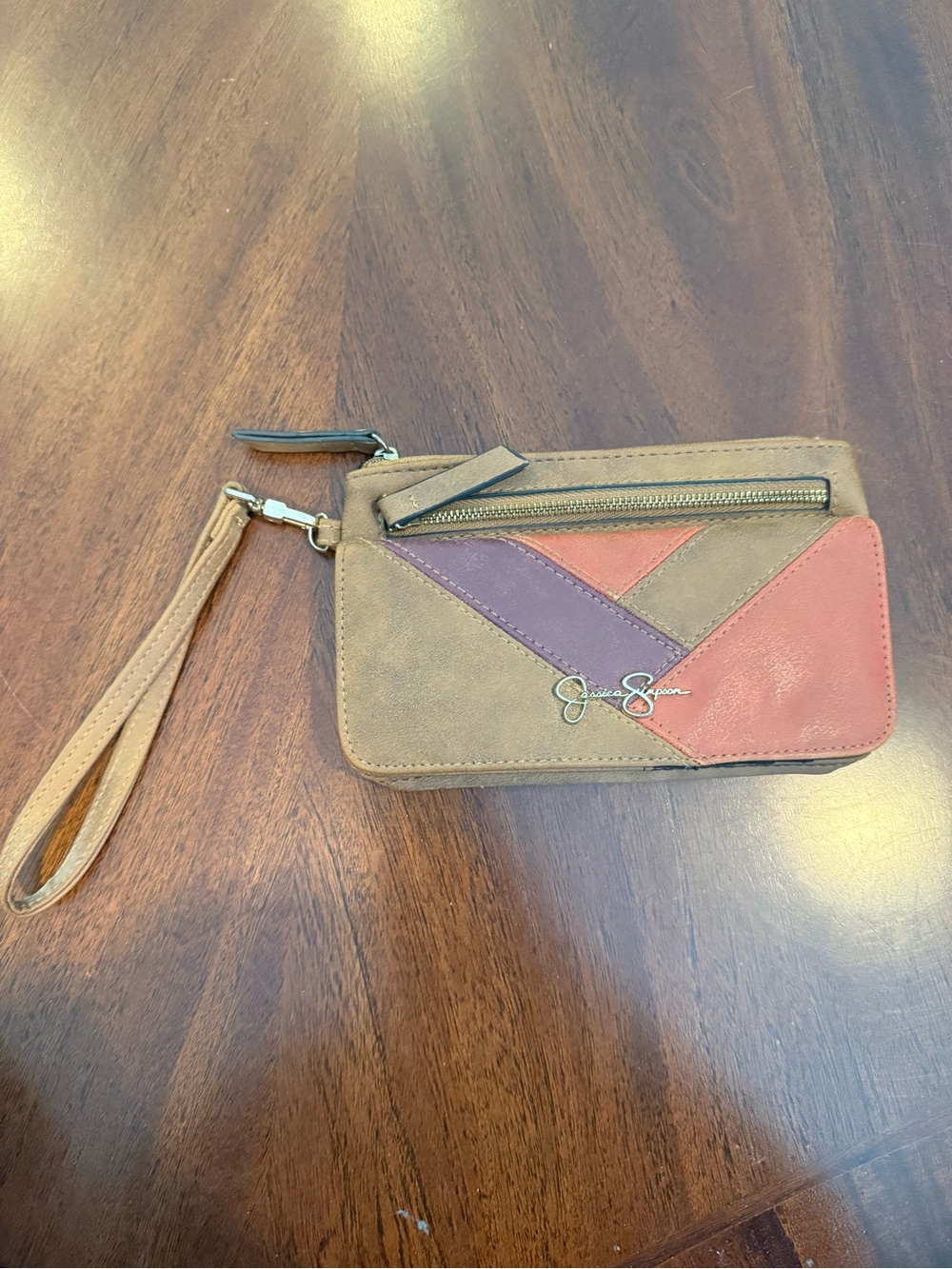 Jessica Simpson Tan Brown Pink Purple Patchwork Wristlet